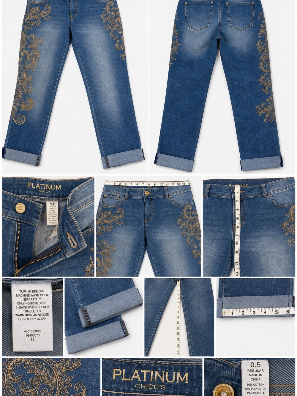 Chico’s Platinum Embroidered Jeans Size 0.5 Regular Crystal Button Cuffed - Picture 2 of 4